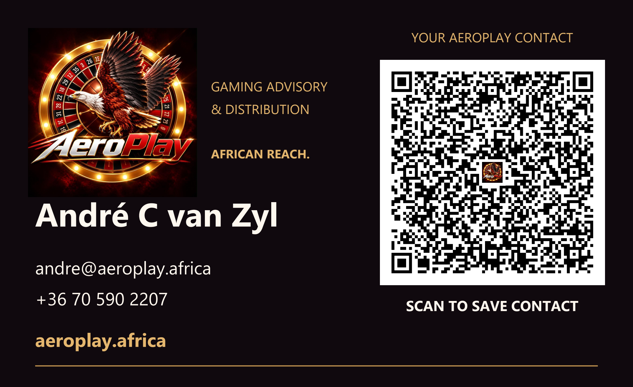 André C van Zyl’s AeroPlay business card with logo, contact QR code, andre@aeroplay.africa, +36 70 590 2207 and aeroplay.africa.