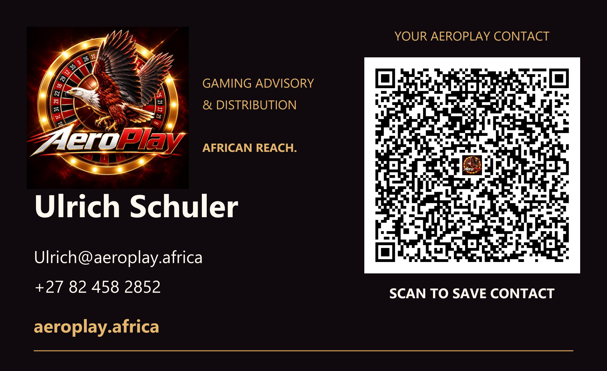 Ulrich Schuler’s AeroPlay business card with logo, contact QR code, Ulrich@aeroplay.africa, +27 82 458 2852 and aeroplay.africa.